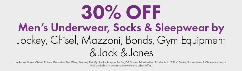 30% OFF Men's Underwear, Socks & Sleepwear by Jockey, Chisel, Mazzoni, Bonds, Gym Equipment & Jack & Jones