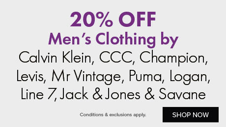 20% OFF Men's Clothing by Calvin Klein, CCC, Champion, Levis, Mr Vintage, Puma, Logan, Line 7, Jack & Jones & Savane