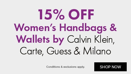 15% Off women's handbags & wallets by Calvin Klein, Carte, Guess & Milano