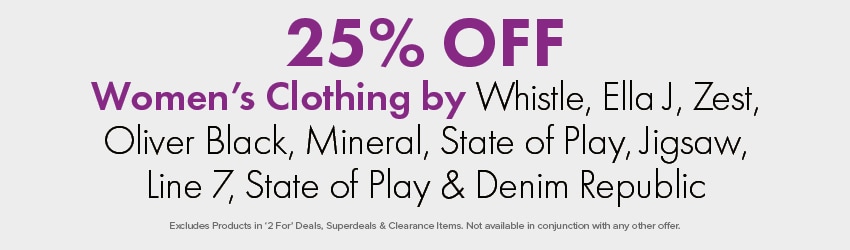 25% OFF Women's Clothing by Whistle, Ella J, Zest, Oliver Black, North South Merino, Mineral, State of Play & Jigsaw, Line 7, State of Play