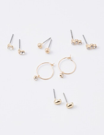 Whistle Accessories Teardrop Crystal Stud Hoop Earrings, 5-Pair Set, Imitation Gold product photo