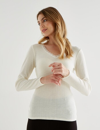 Essence Thermals Merino Cotton Lace Trim Long Sleeve Top, Cream product photo