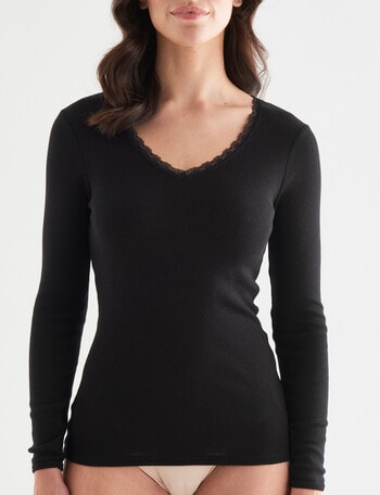 Essence Thermals Merino Cotton Lace Trim Long-Sleeve Top, Black product photo