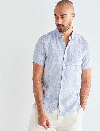 Gasoline Short Sleeve Textured Linen Shirt, Light Blue product photo