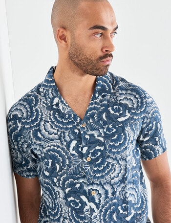 Gasoline Floral Linen Cuban Resort Shirt, Blue product photo