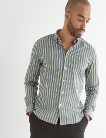 L+L Striped Long-Sleeve Button-Down Collar Shirt, Moss product photo