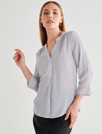 Oliver Black Geometric Print Mandarin Shirt With Cuff, White & Blue product photo
