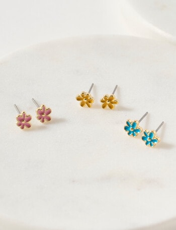Whistle Accessories Coloured Daisy Stud Earrings, 3-Pack, Gold Tone product photo