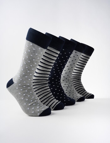 Mazzoni Spots & Stripes Cotton Rich Dress Socks, 5-Pack, Navy & Grey product photo