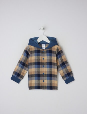 Teeny Weeny Hooded Flannel Over Shirt, Beige & Navy product photo