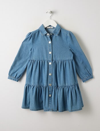 Mac & Ellie Long Sleeve Denim Tiered Dress, Mid Blue product photo