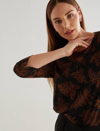 Oliver Black Floral 3/4 Sleeve Double Layer Top, Black & Brown product photo