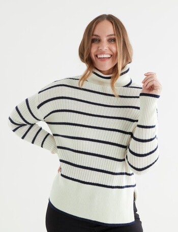 North South Merino Stripe Textured Roll Neck Jumper, Ivory & Navy product photo