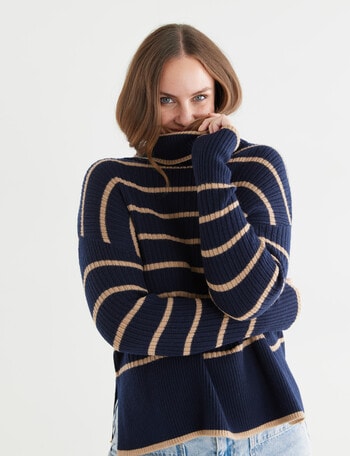 North South Merino Stripe Textured Roll Neck Jumper, Navy & Caramel product photo