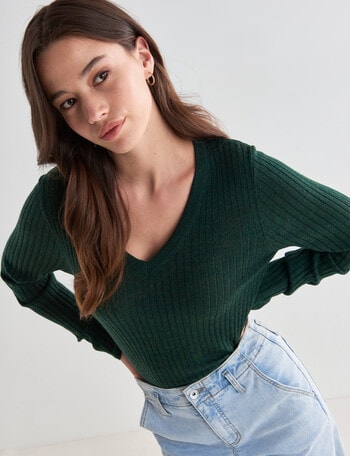 North South Merino Rib V-Neck Sweater, Forest product photo