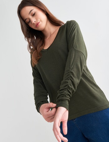 North South Merino Ruched Sleeve V-Neck Top, Khaki product photo