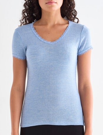 Essence Thermals Merino, Cotton Lace Trim Short Sleeve Top, Sky Blue, 10-18 product photo