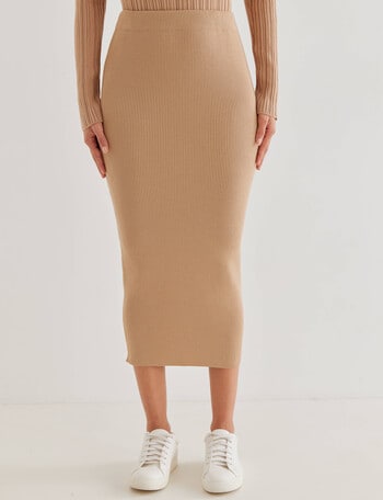 Whistle Knitted Rib Column Skirt, Camel product photo