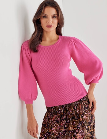Whistle 3/4 Puff Sleeve Sweater, Hot Pink product photo