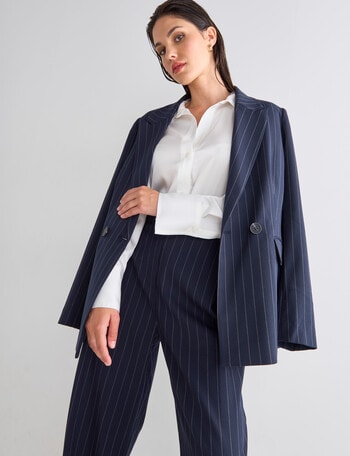 Whistle Pinstripe Long-Sleeve Double Breasted Blazer, Navy product photo