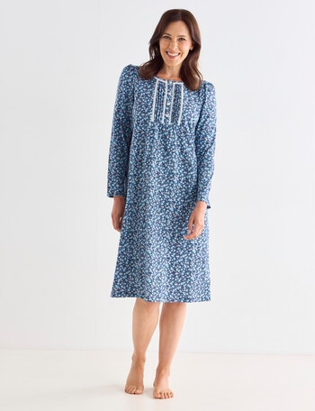 Ruby & Bloom Long Sleeve Cotton Nightie, Aqua Floral, 10-26 product photo
