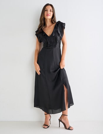 Harlow V-Neck Frill Dress, Black product photo