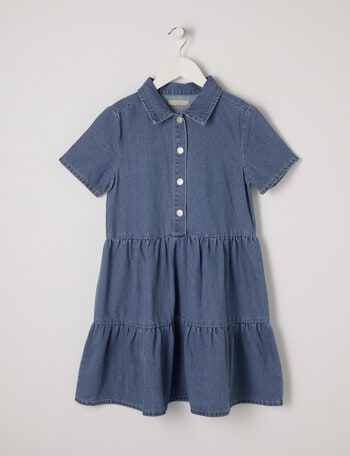 Switch Short Sleeve Tiered Denim Dress, Mid Blue product photo