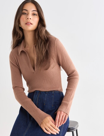 Mineral Ernie Polo Rib Knitwear Top, Camel product photo
