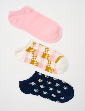 Lyric Cotton Rich Flower Anklet Socks, 3- Pack, Navy, 4-11 product photo