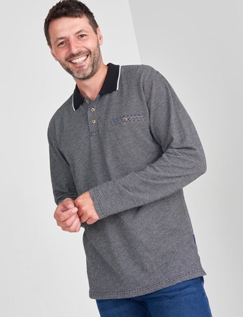 Chisel Jacquard Knit Long Sleeve Polo Shirt, Black & White product photo