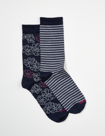 NZ Sock Co. Merino Crew Sock, 2-Pack, Navy Floral & Stripe, 4-11 product photo