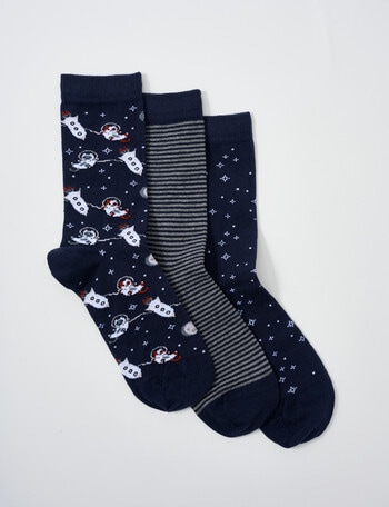 Columbine Crew Cats in Space Cotton Crew Socks, 3-Pack, Navy 4-11 product photo