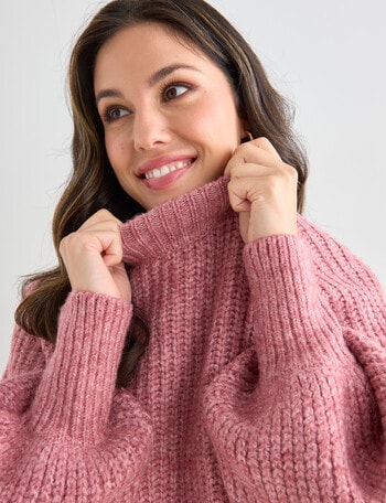 Whistle Puff Sleeve Rib Jumper, Strawberry product photo