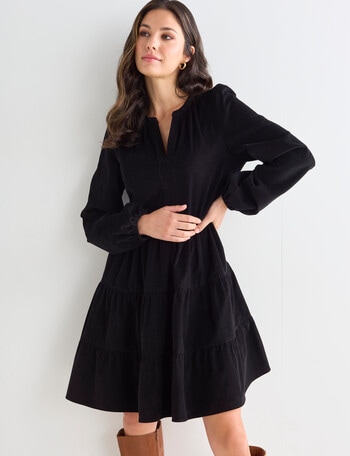 Whistle Long Sleeve V-Neck Cord Dress, Black product photo