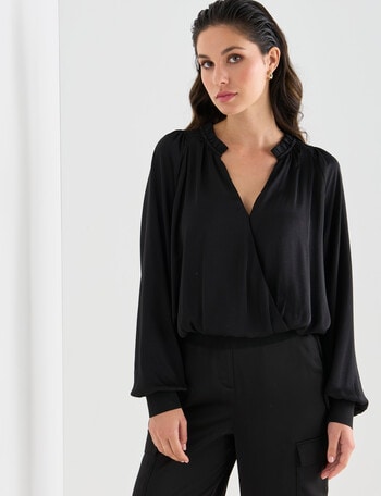 Whistle Long Sleeve Satin Wrap Top, Black product photo