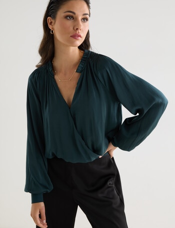 Whistle Long Sleeve Satin Wrap Top, Jade product photo