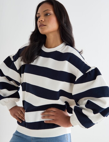 Zest Stripe Puff Sleeve Sweatshirt, Navy & Ivory product photo