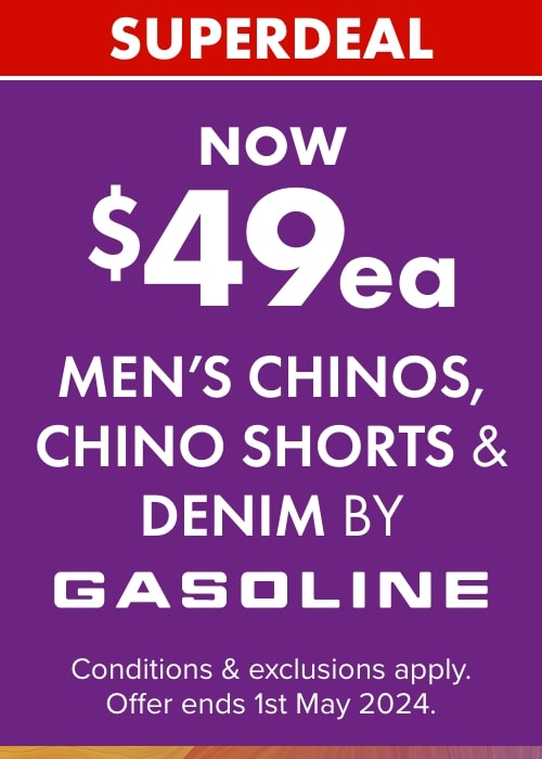 Now $49ea Mens Chinos, Chino Shorts & Denim by Gasoline