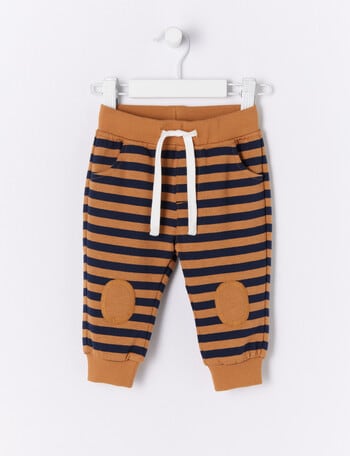 Teeny Weeny Striped Fleece Track Pants, Tan & Navy product photo