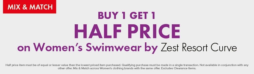 BUY 1 GET 1 HALF PRICE on Women's Swimwear by Zest Resort Curve.