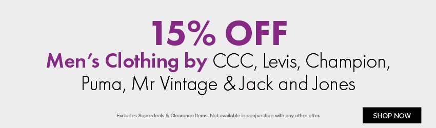 15% OFF Men's Clothing by CCC, Levis, Champion, Puma, Mr Vintage and Jack and Jones