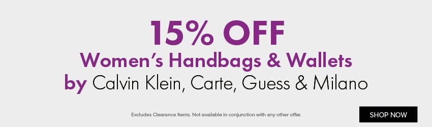 15% OFF Women's Handbags & Wallets by Calvin Klein, Carte, Guess & Milano