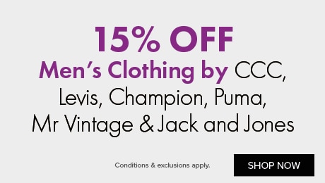 15% Off men'c clothing by CCC, Levis, Champion, Puma, Mr Vintage & Jack and Jones