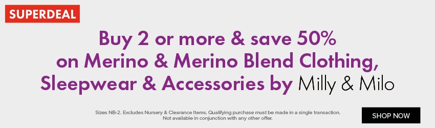 Buy 2 or more & save 50% on Merino & Merino Blend Clothing, Sleepwear & Accessories by Milly & Milo
