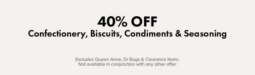 40% OFF Confectionery, Biscuits, Condiments & Seasoning