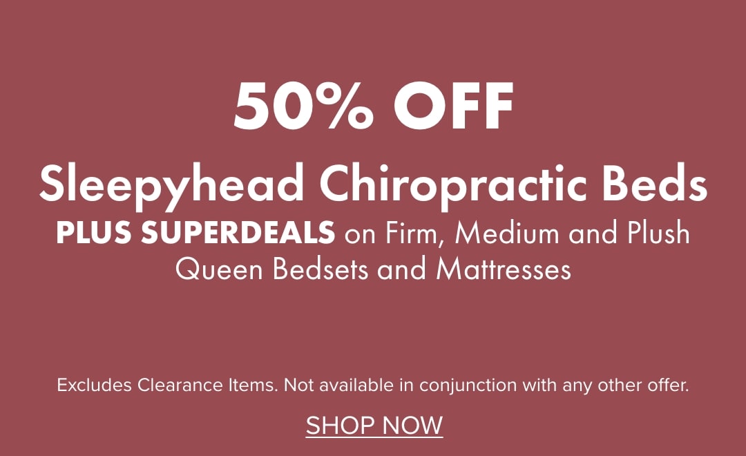 50% OFF Sleepyhead Chiropractic Beds by PLUS SUPERDEALS on Firm, Medium and Plush Queen Bedsets and Mattresses