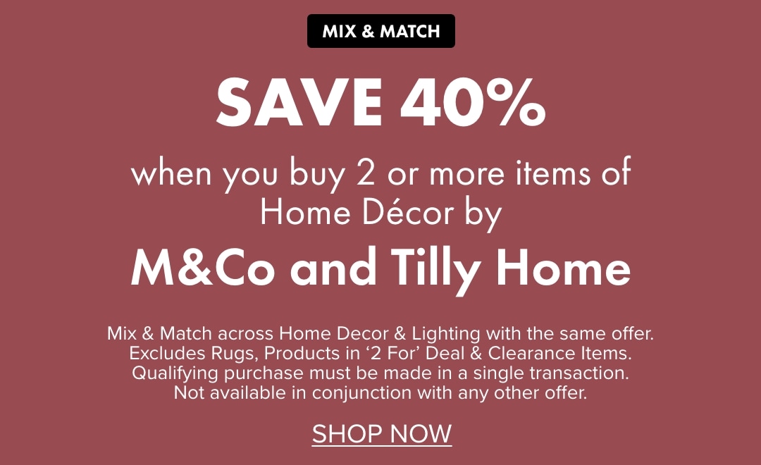 SAVE 40% when you buy 2 or more items of Home D&eacute;cor by M&Co and Tilly Home