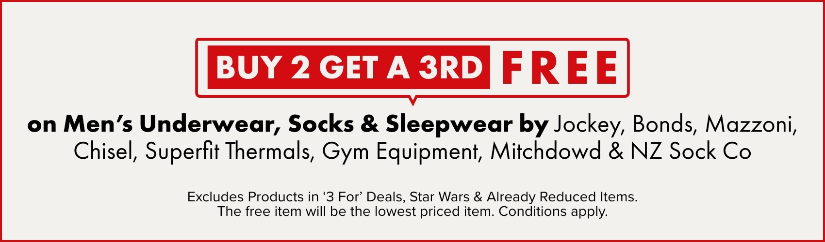 BUY 2 GET A 3RD FREE on Men's Underwear, Socks & Sleepwear by Jockey Bonds Mazzoni Chisel Superfit Thermals Gym Equipment Mitchdowd NZ Sock Co