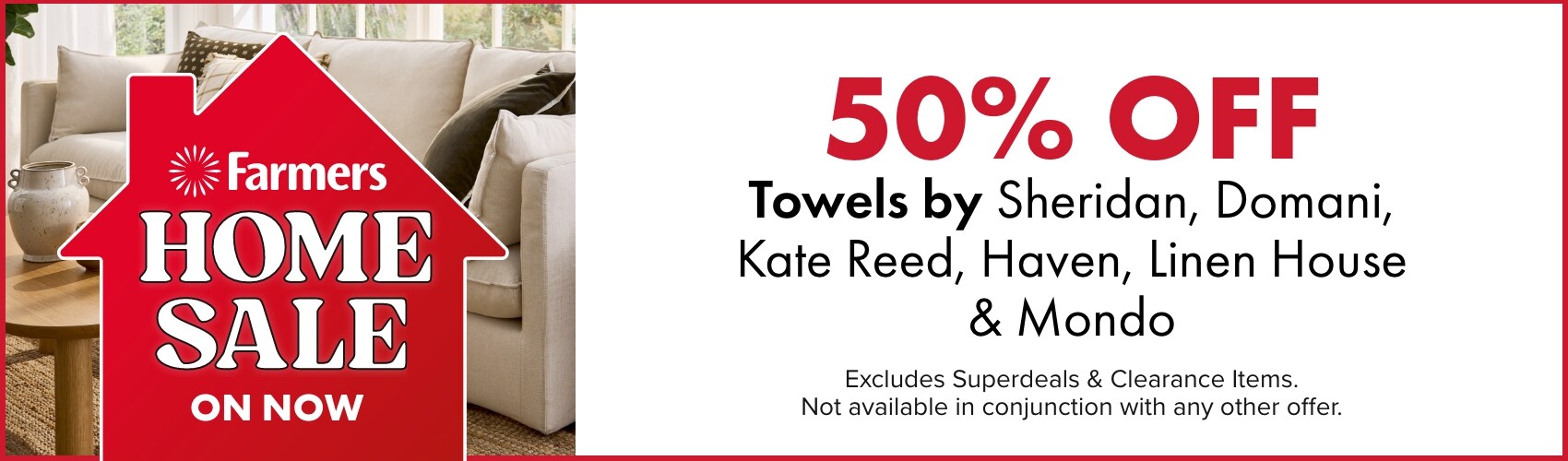 50% OFF Towels by Sheridan, Domani, Kate Reed, Haven, Linen House & Mondo