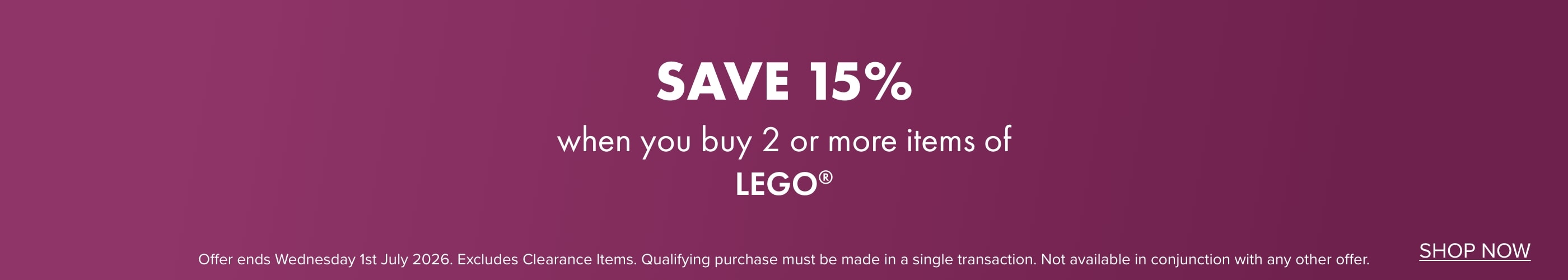 Save 15% when you buy 2 or more items of LEGO&reg;
